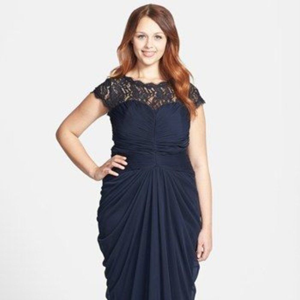 Adrianna Papell Navy Lace Cap-Sleeve Ruched Gown